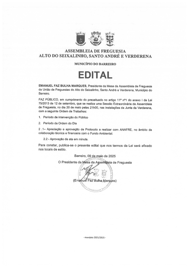 Sessão Extraordinária de Assembleia de Freguesia